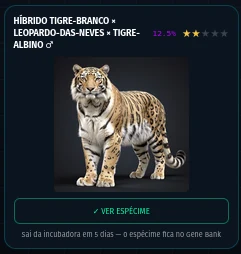Carta do GenBreed com um híbrido de tigre-branco, leopardo-das-neves e tigre-albino, raridade de 12,5%, ainda na incubadora.